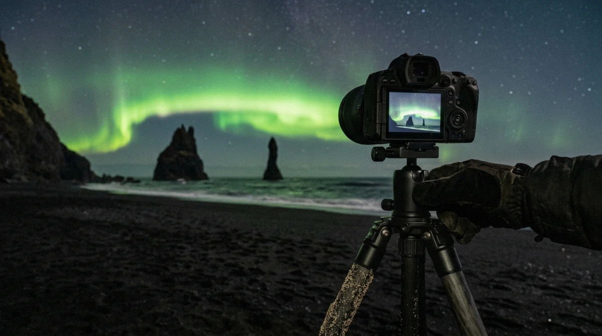 Camera on a tripod photographing the aurora borealis above the coastline near Vík, Iceland
