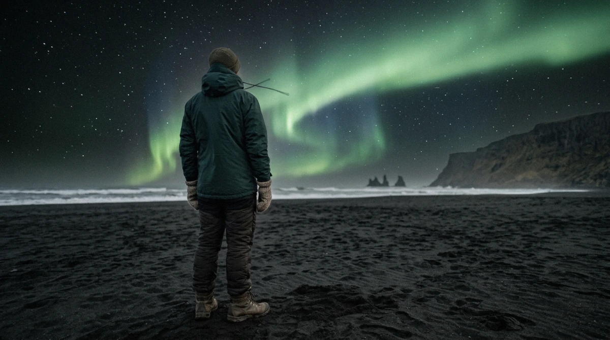 Layered winter jacket, gloves and headlamp laid out before a night watching the northern lights in Vík, Iceland