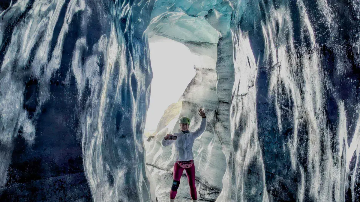 Blue and black ice inside the Katla ice cave on a small-group tour from Vík, Iceland