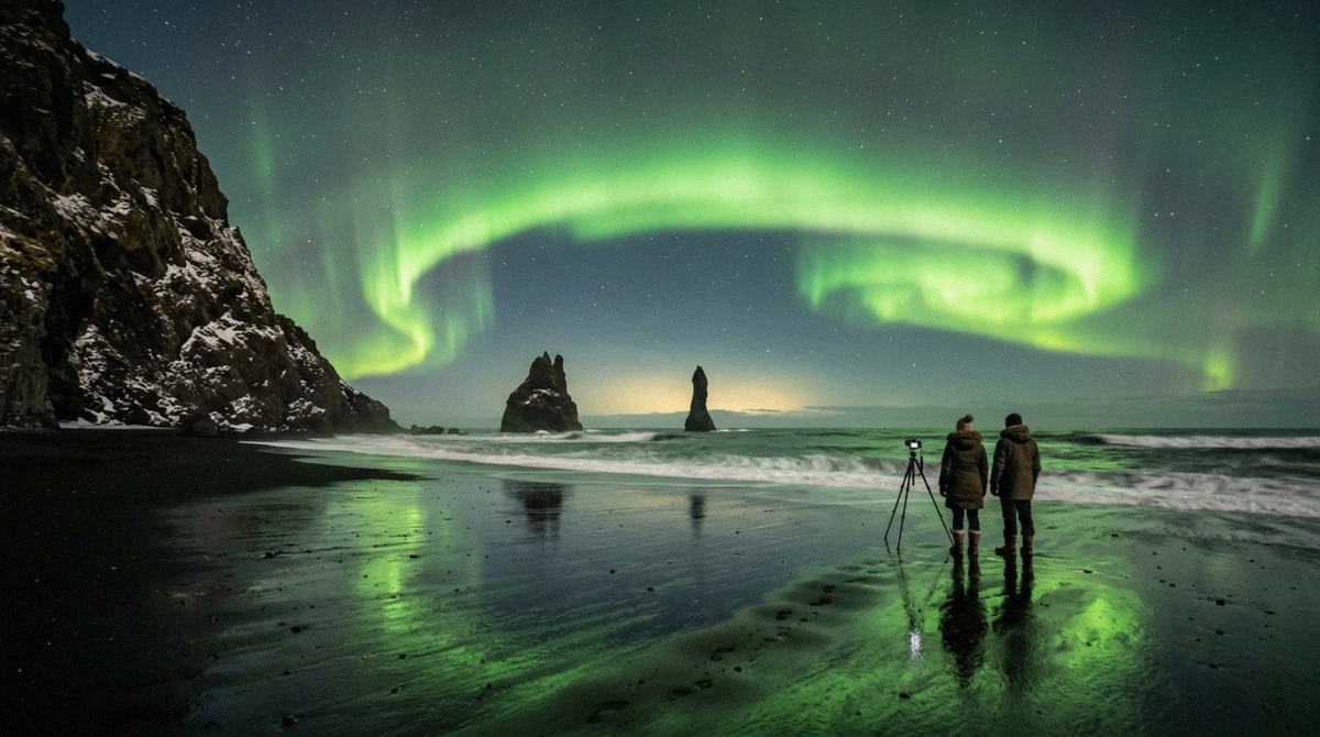 Green aurora arc over the Reynisdrangar sea stacks seen from Víkurfjara black sand beach while watching the northern lights in Vík, Iceland